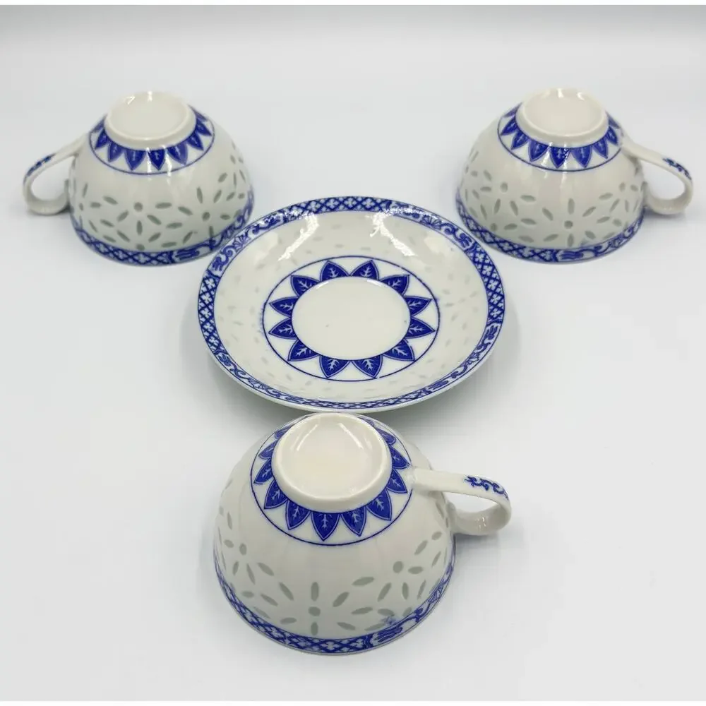 Jingdezhen Rice Eye Grain Cups & Saucer Blue & White Porcelain 4pc Set